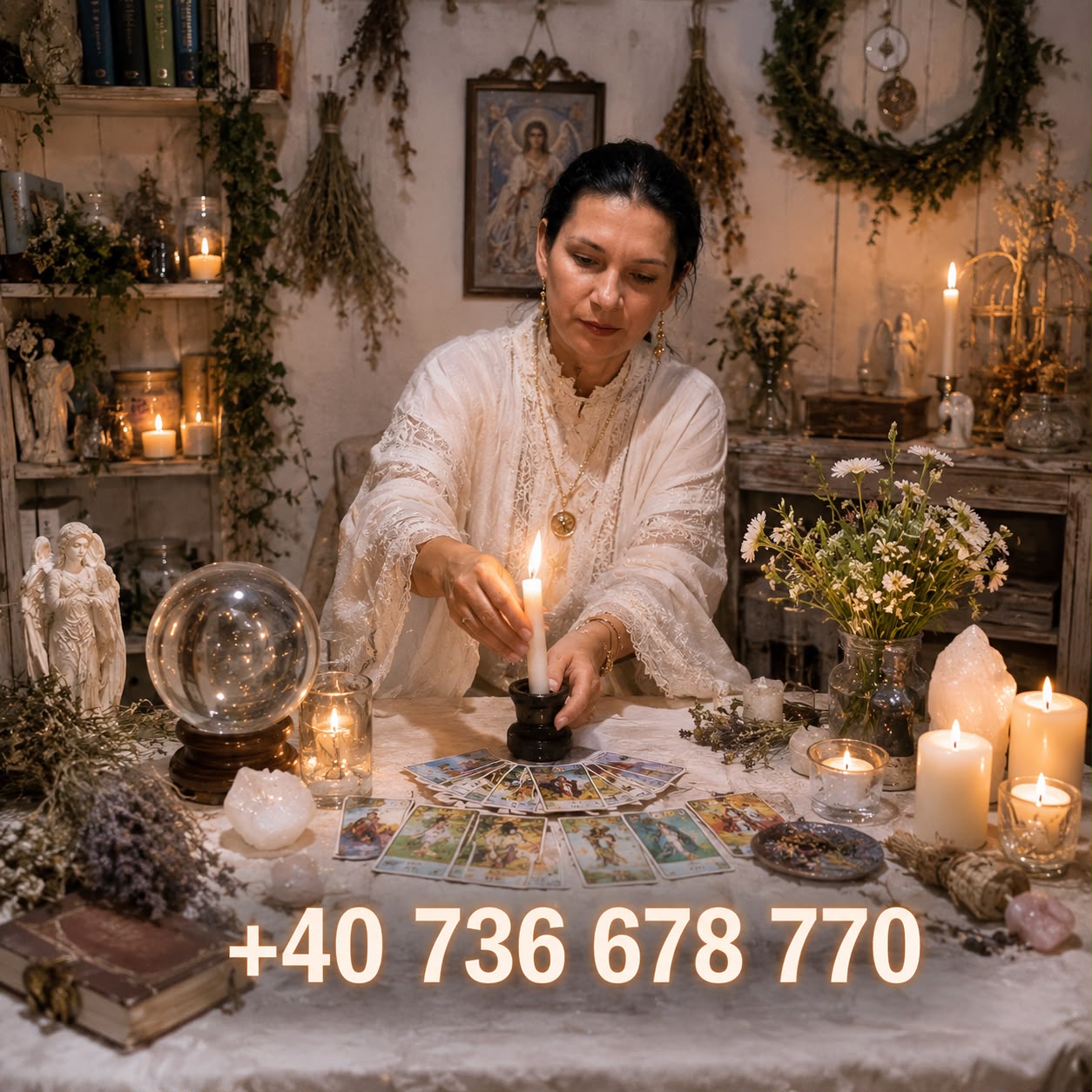 Prezicătoarea Adela la masa de tarot, cu lumânare, glob de cristal și ierburi de leac